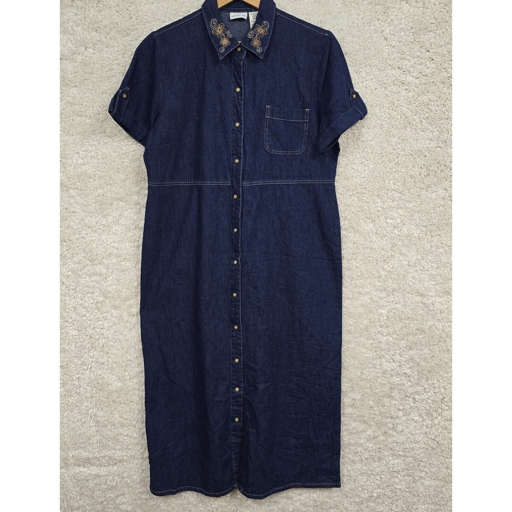 White Stag‎ Womens Denim Snap Western Dress Size L Embroidered Modest Timeless